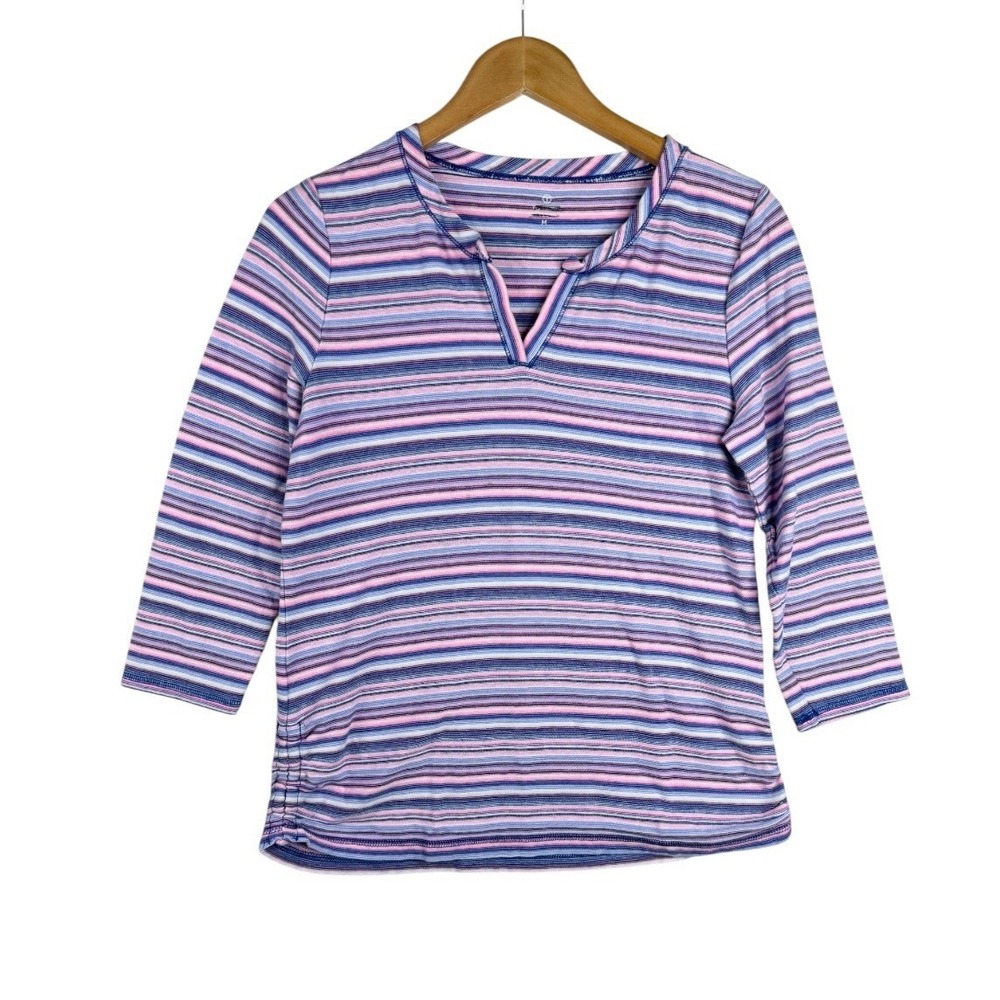 T by Talbots Striped Split Neck 3/4 Sleeve Top size Medium Blue/Pink/Purple